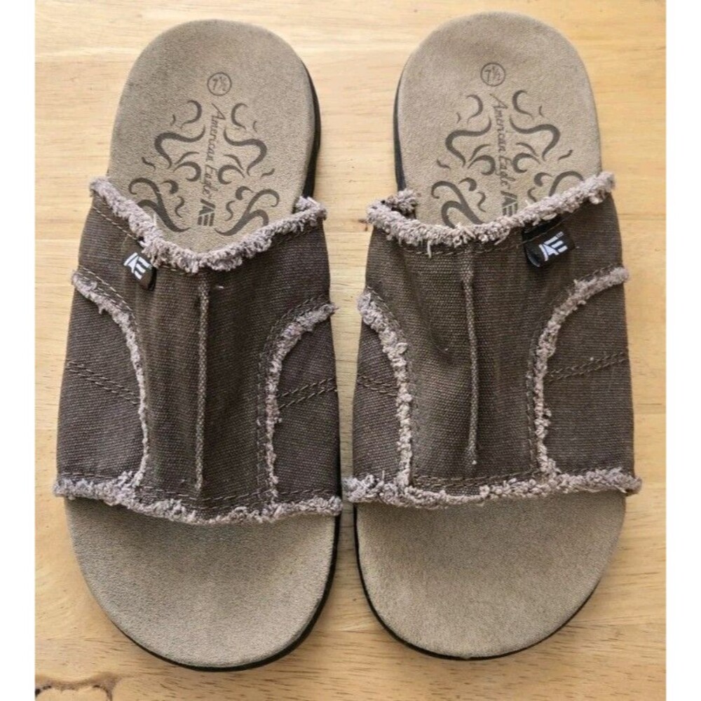 American Eagle - AE Slides - Cloth Strap Suede Footbed - Mens Sz 7.5 - Tan